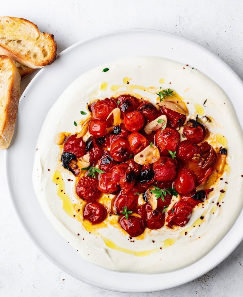 Blistered Cherry Tomatoes with Red Peppers Feta Spread