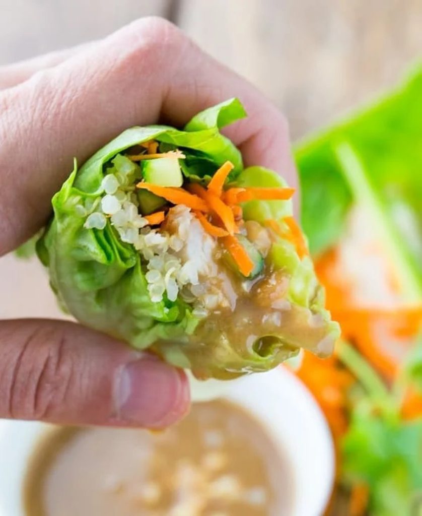 Chicken and cucumber lettuce wraps with peanut sauce