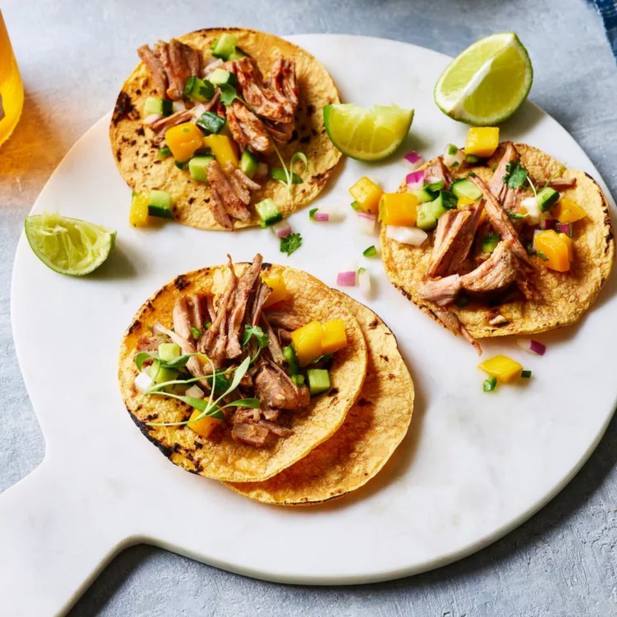 Chile-Spiced Pork Tacos with Cucumber Mango Salsa