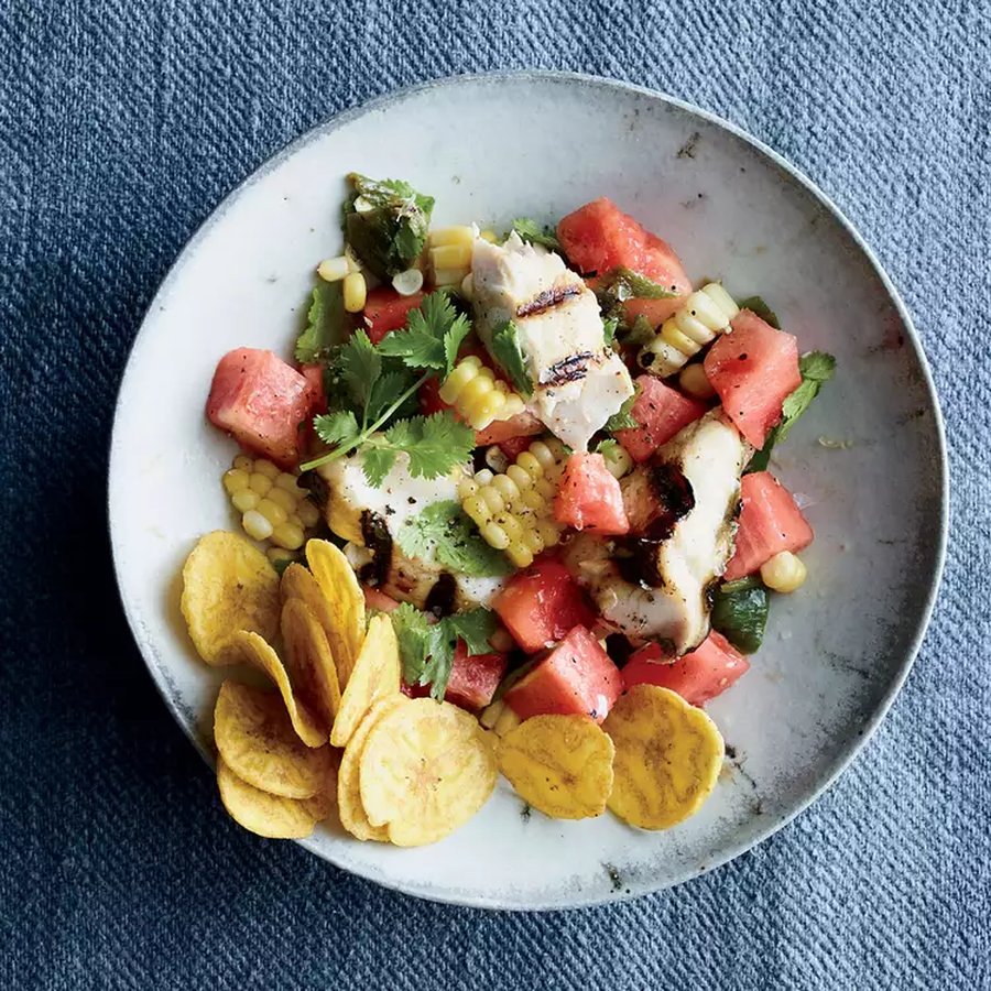 Grilled Cobia Salad with Corn and Watermelon