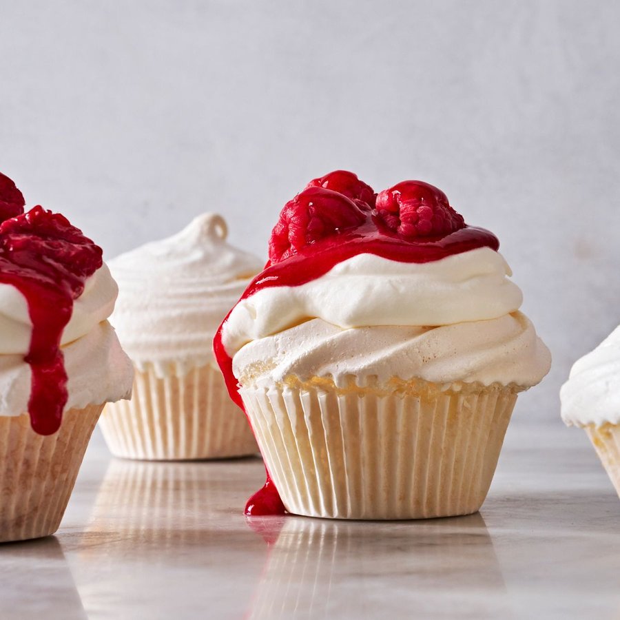 Pavlova Cupcakes with Raspberry Sauce