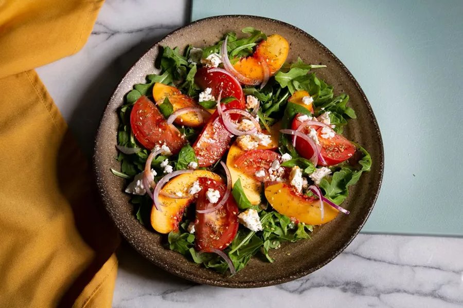 Peach, Tomato, and Feta Salad with Candied Jalapeno Dressing