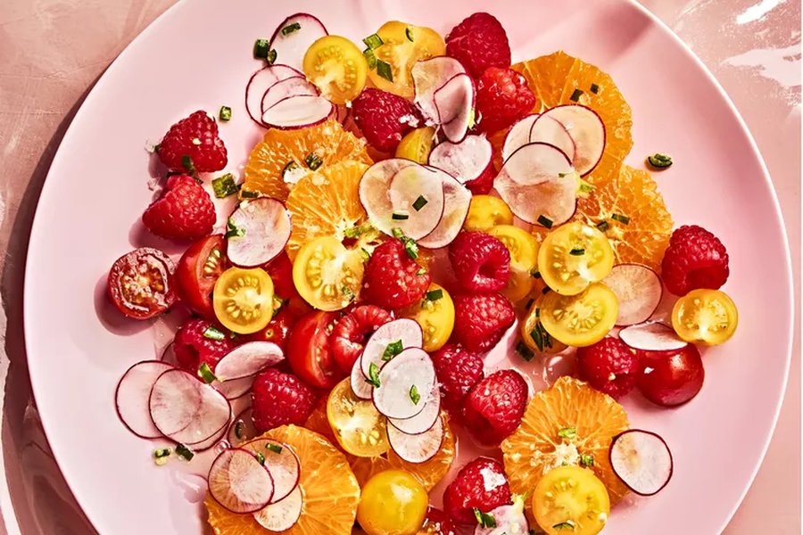 Raspberry, Orange, and Tomato Salad with Honey Mirin Vinaigrette