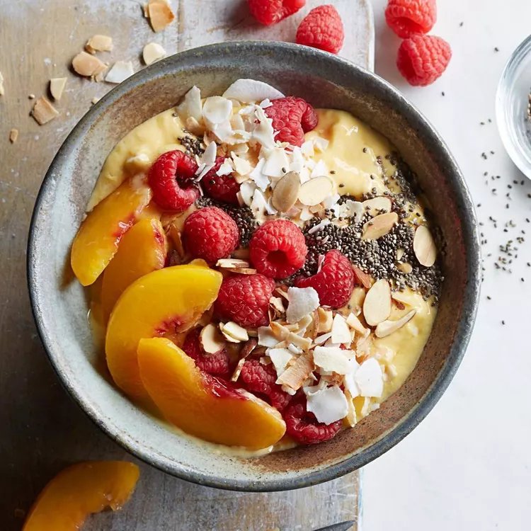 Raspberry, Peach and Mango Smoothie Bowl