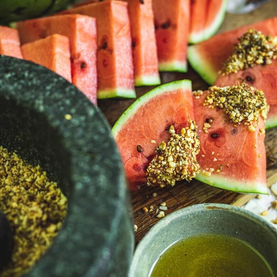 Watermelon with dukkah dip