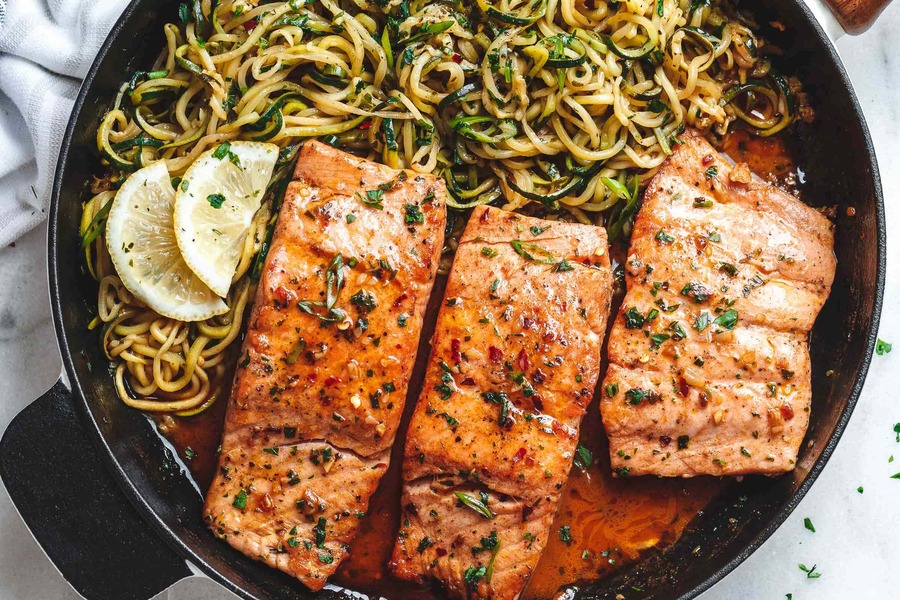 Lemon Garlic Butter Salmon with Zucchini Noodles