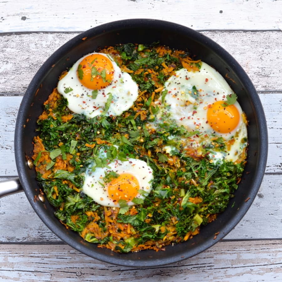 Baked Eggs with Kale, Sage, and Sweet Potatoes