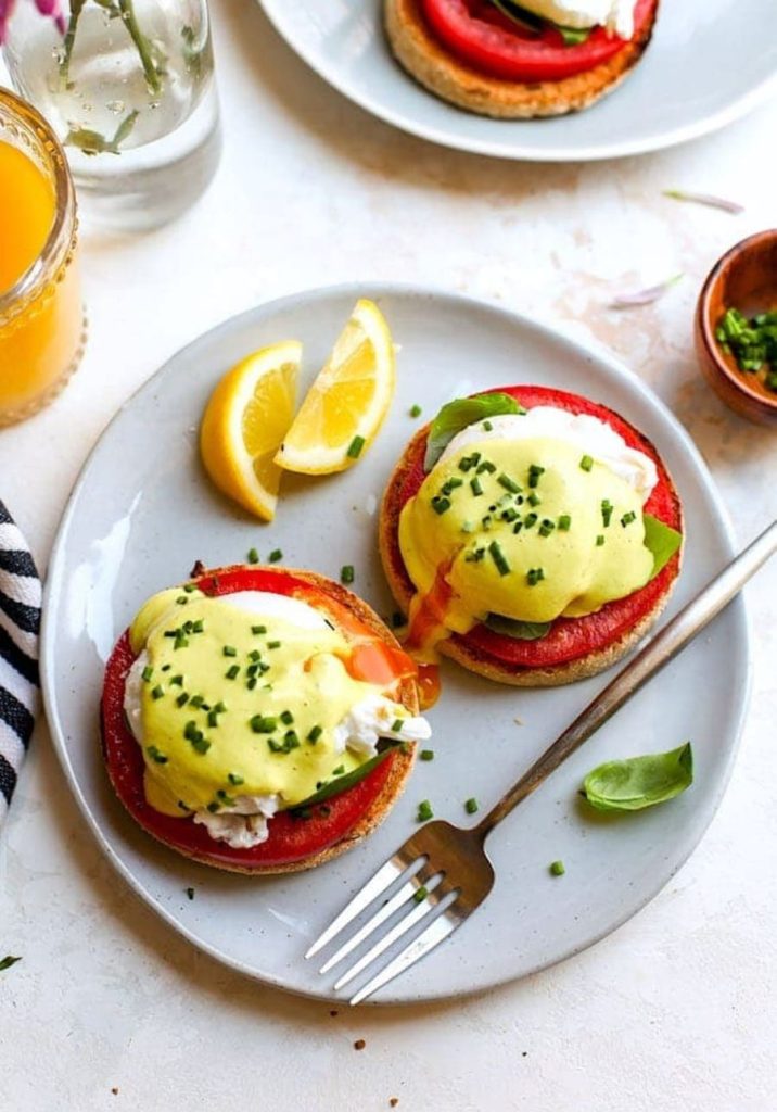 Caprese Eggs Benedict with Healthier Hollandaise