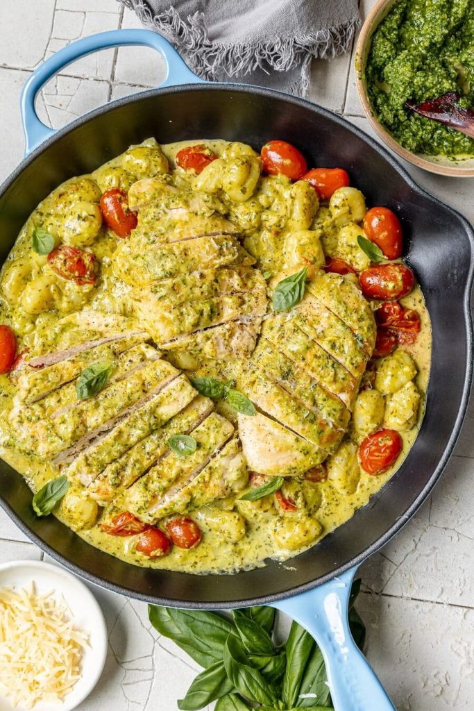 Creamy Pesto Baked Gnocchi & Chicken Skillet