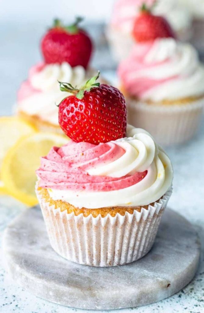 Lemon Cupcakes with Strawberry Frosting