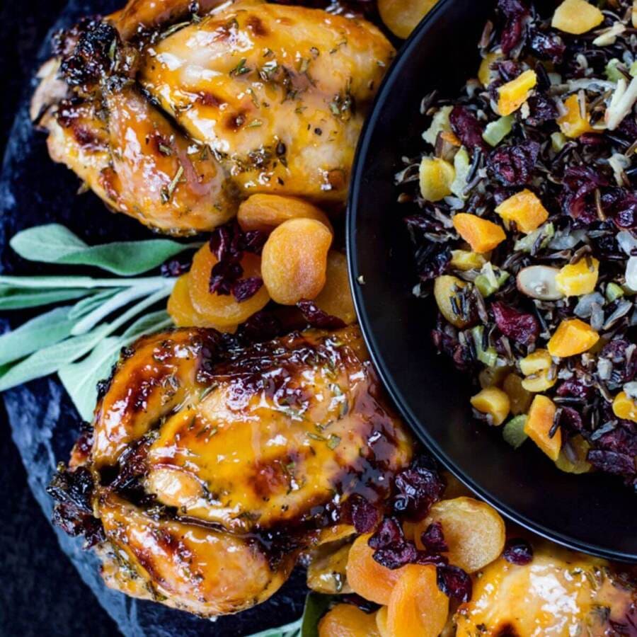 Game Hens and Rice with Olives and Almonds