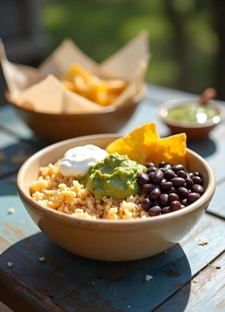 Gluten-Free Chicken Burrito Bowls with Tomatillo Avocado Dressing