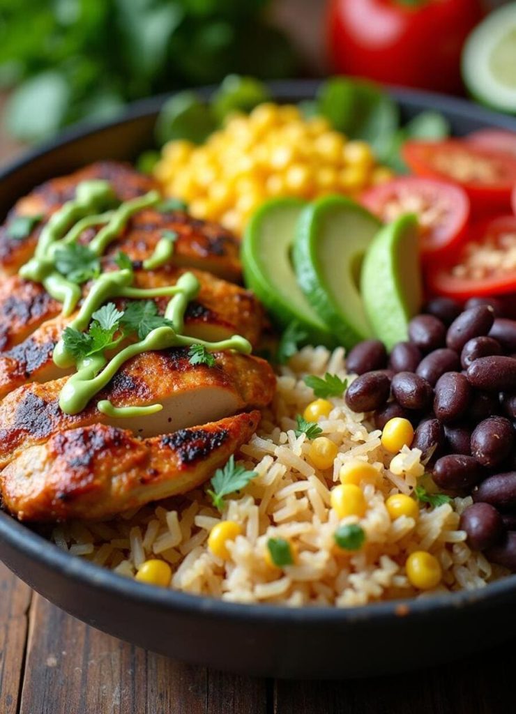 Southwest Chicken Burrito Bowls with Avocado Lime Sauce