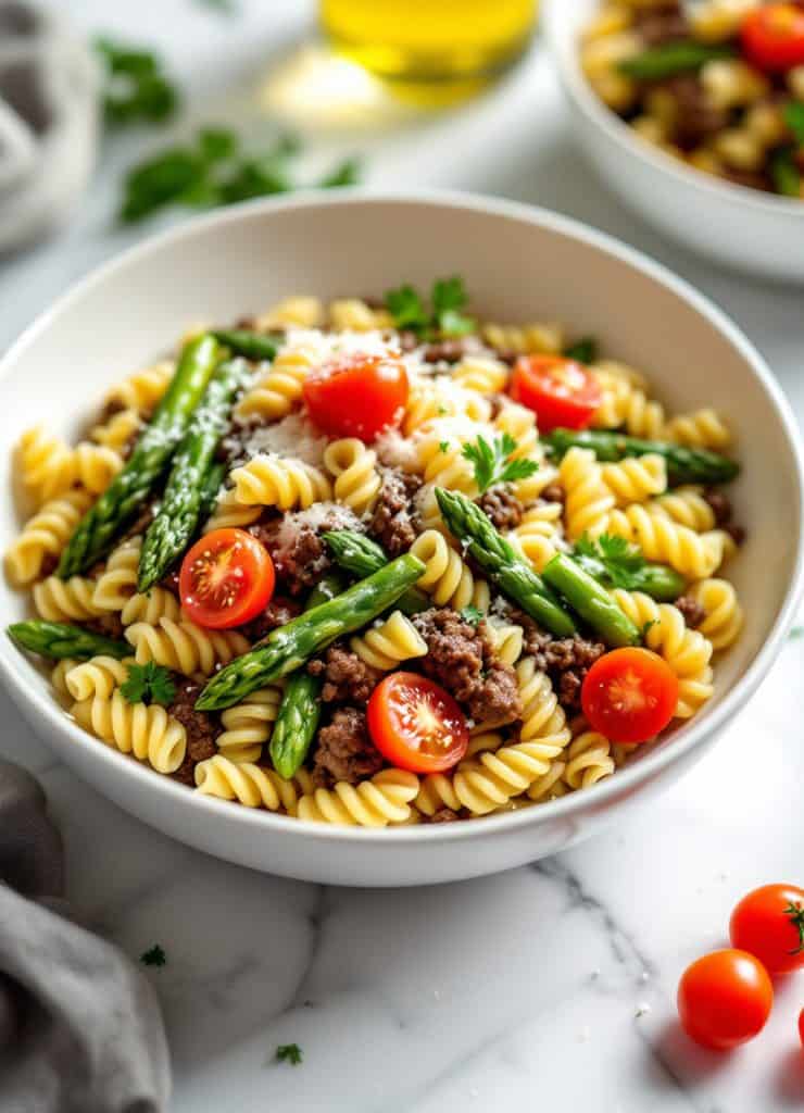 Ground Beef and Asparagus Pasta