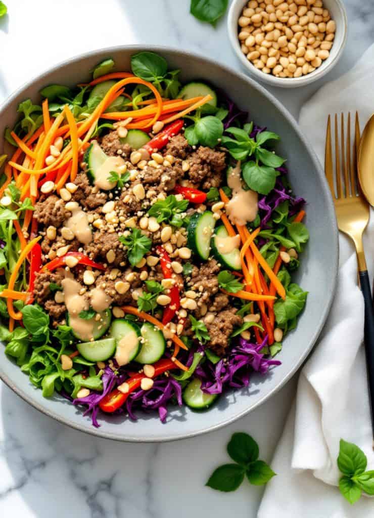 Thai Salad with Ginger Ground Beef and Peanut Dressing