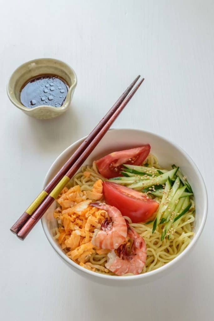 Hiyashi Chuka (Cold Ramen) With Shrimp, Ham, and Vegetables