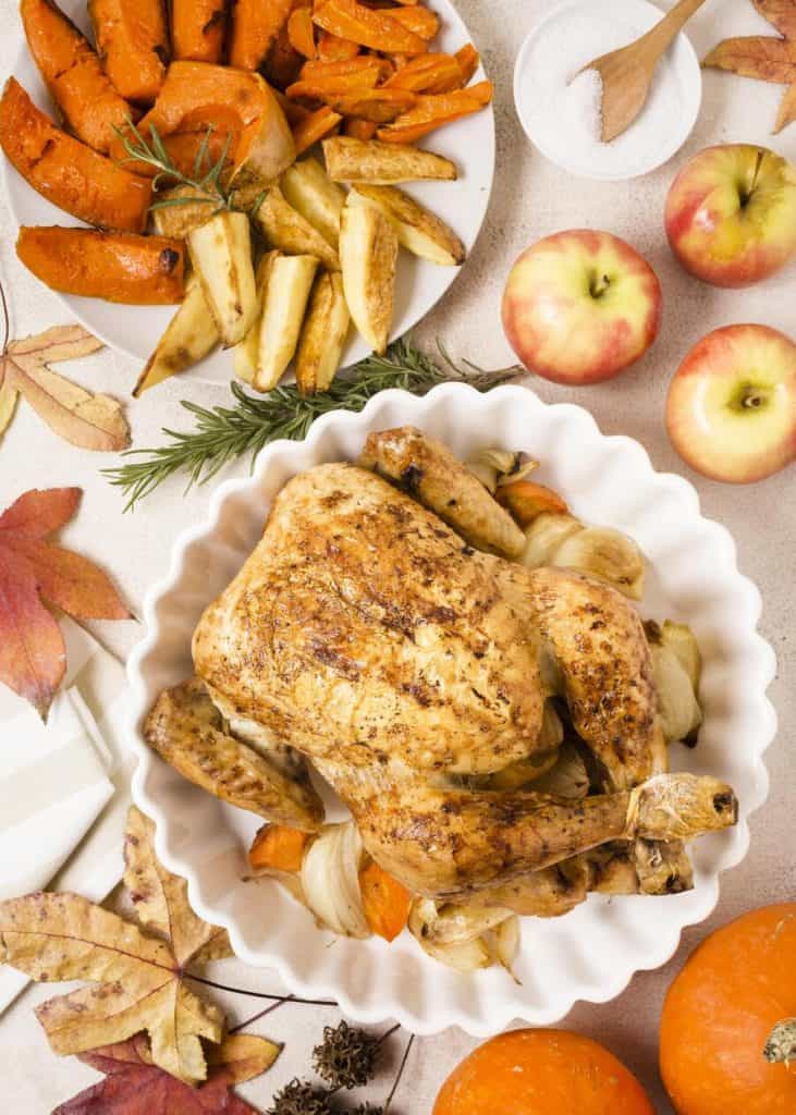 Roast Chicken with Roasted Carrots, Onions, and Stuffing